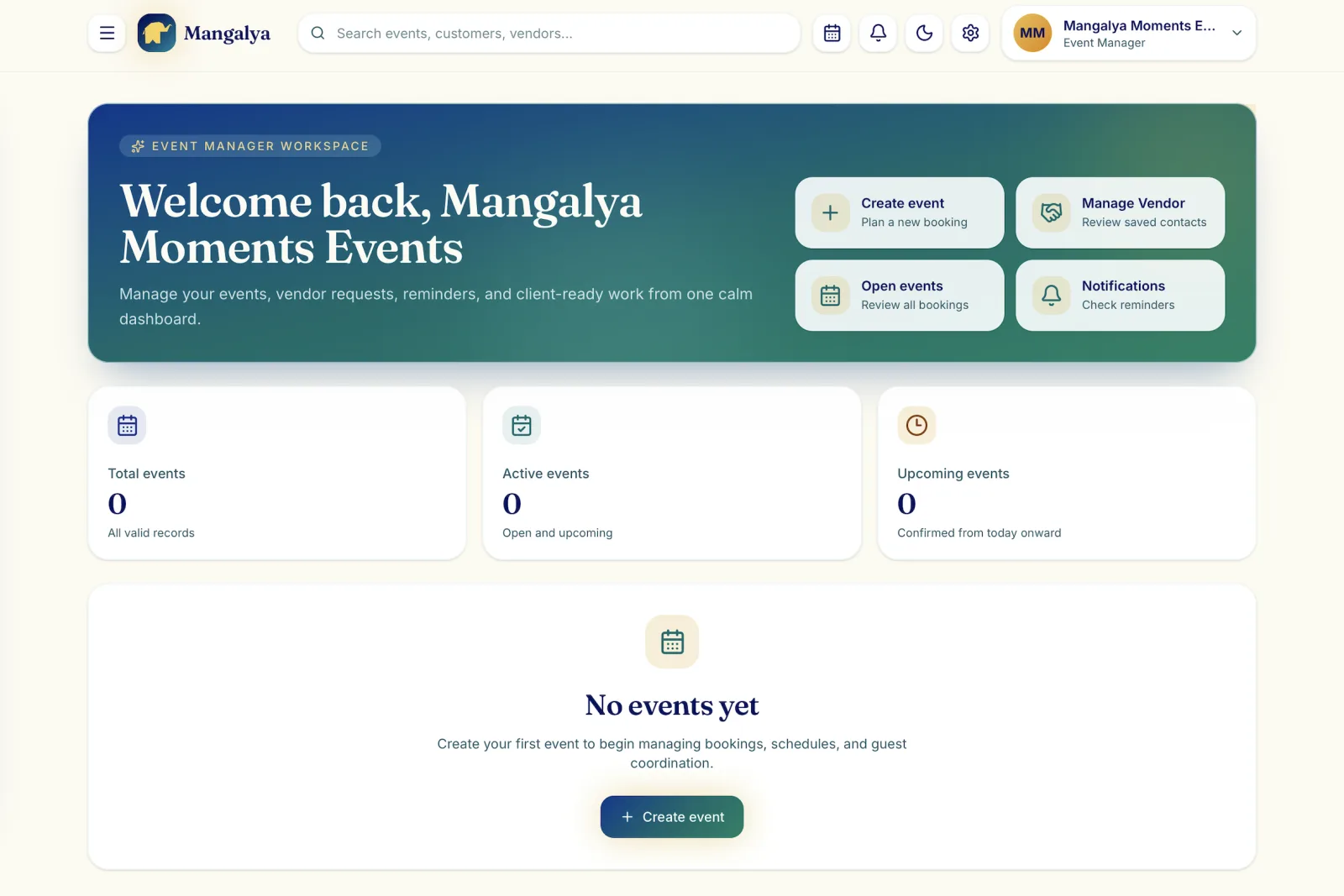 Mangalya event manager dashboard with event actions, event totals, and an empty-state prompt to create the first event.