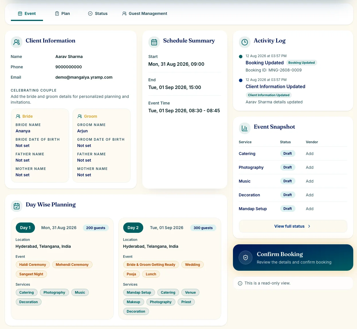 Mangalya event overview showing fictional customer details, schedule, day-wise plan, activity log, and service status.